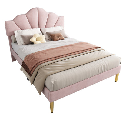 Gestoffeerd Tweepersoonsbed – Bed – Slaapbed – Platformbed – Velvet Bed – Roze Velvet Bekleding – Verstelbaar Hoofdeinde – Gouden Metalen Pootjes