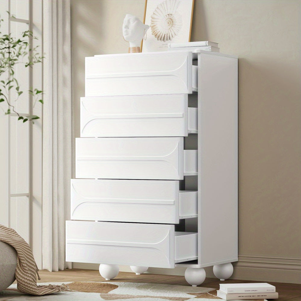 Ladenkast – Ladekast – Commode – Opbergkast – Metalen Kast – Wit – 5 Lades – Modern Relieff Design – Vrijstaand – Afgeronde Hoeken