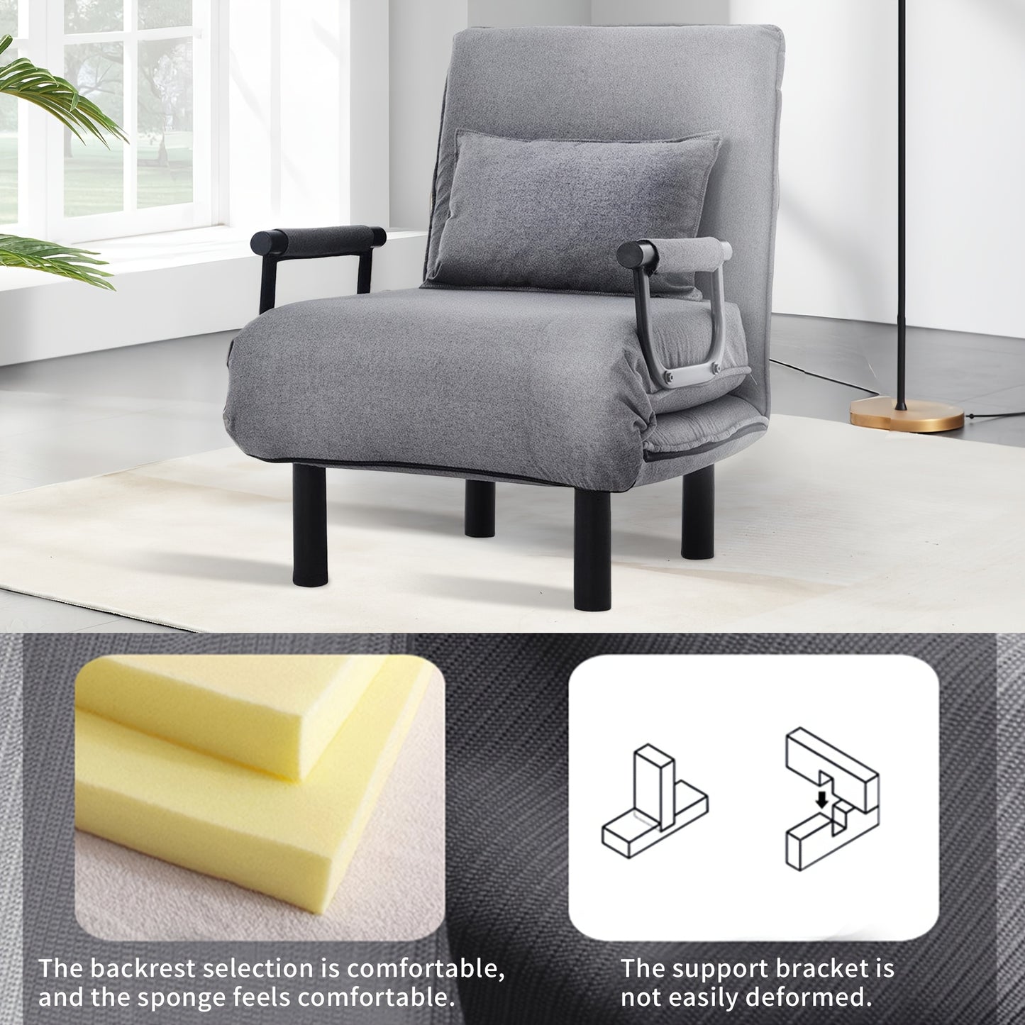 Slaapbank – Slaapstoel – Bedbank – Logeerbed – Chaise Longue – Verstelbare Rugleuning – Stevig Metalen Frame – Afneembare Kussens – Grijs