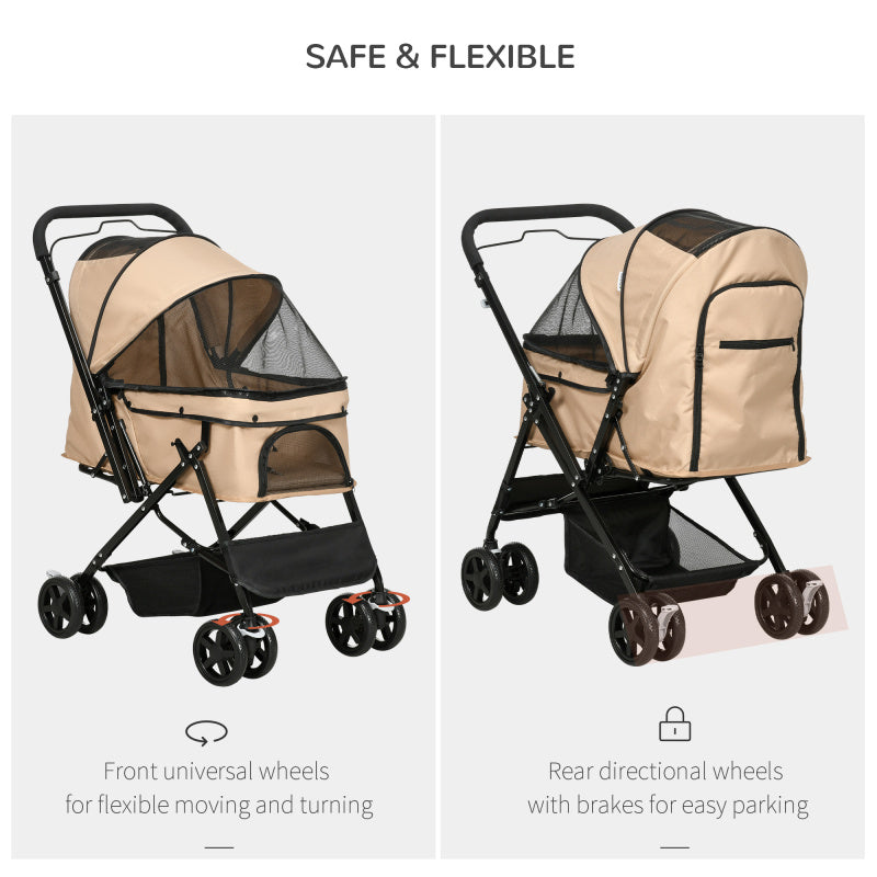 Hondenwagen – Hondenbuggy – Hondenkar – Pet Stroller – Wandelwagen – Inklapbaar – 360° Draaibaar Voorwiel – Ventilatienetten – Lichtbruin – Tot 15 kg