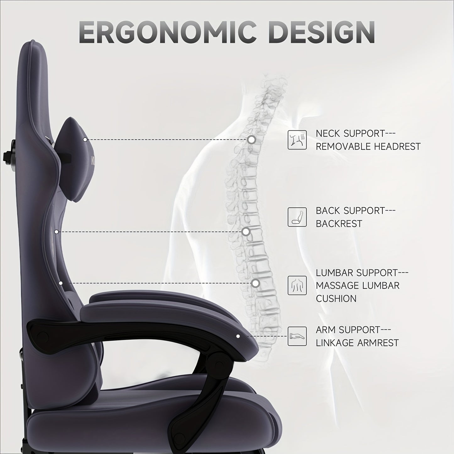 Gamingstoel – Gamestoel – Gaming Chair – Bureaustoel – Game Stoel – Ergonomisch Ontwerp – Verstelbare Rugleuning 135° – Voetsteun – Vuilafstotende Stoffering – Robuust Metalen Frame – Donkergrijs