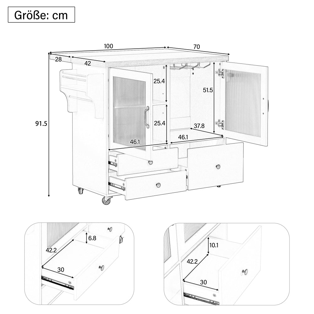 Mobile Kitchen Island with Castors and Extendable Dining Table | Featuring Glass Rack, Storage Compartments, Enclosed-Storage, Metal, Ideal for Kitchens and Dining Areas, White