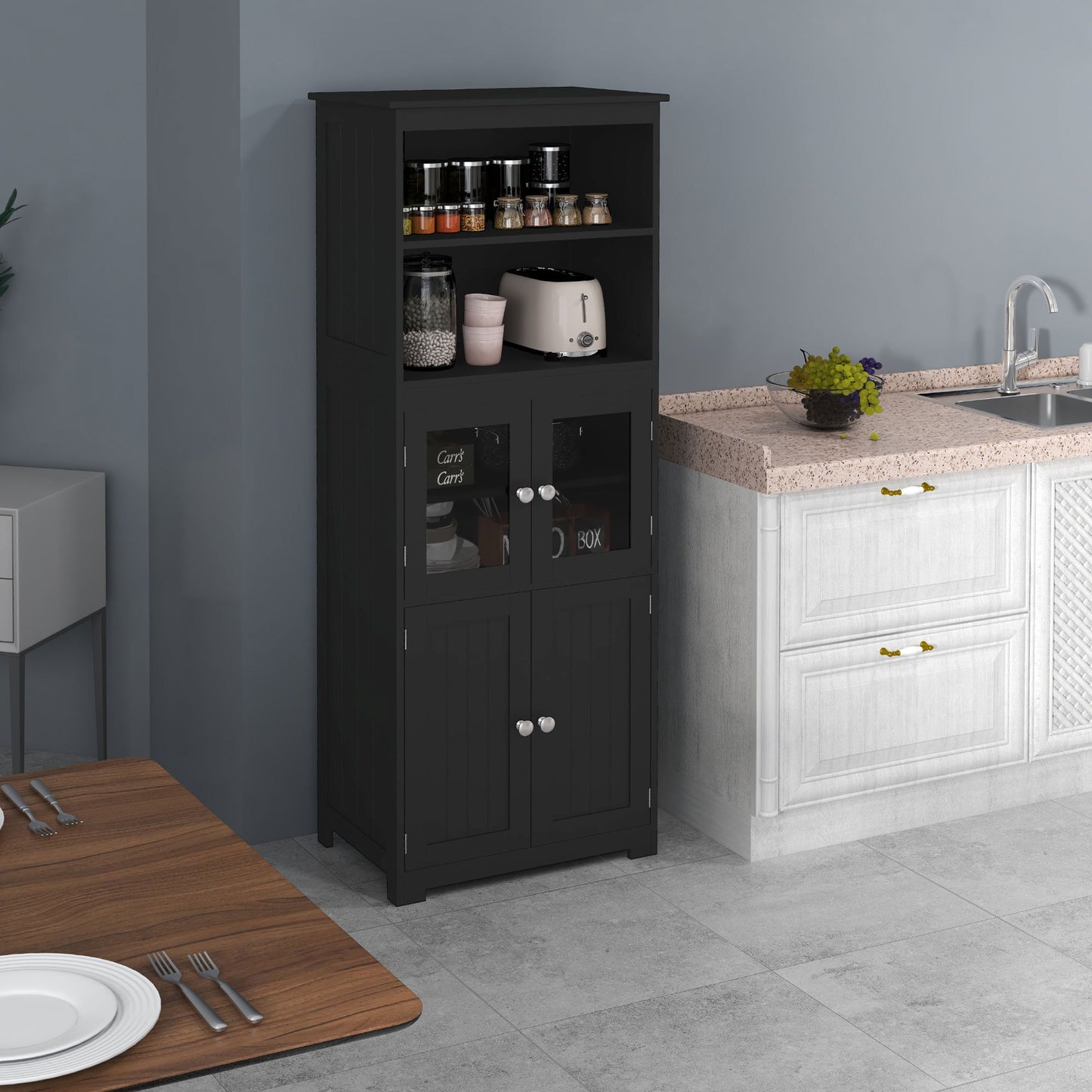Keukenopbergkast – Keukenkast – Buffetkast – Dressoir – Sideboard – Zwart MDF Met Glazen Deuren – 60x30x162 cm – Verstelbare Plank