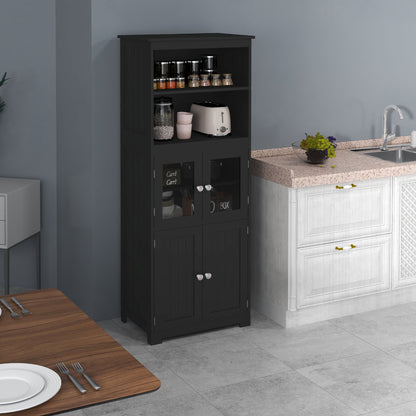 Keukenopbergkast – Keukenkast – Buffetkast – Dressoir – Sideboard – Zwart MDF Met Glazen Deuren – 60x30x162 cm – Verstelbare Plank