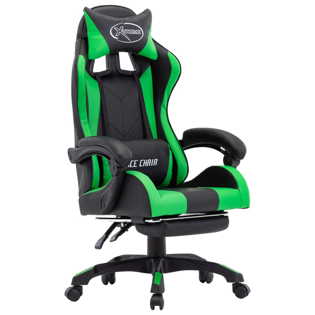 Gamestoel – Gaming Stoel – Game Stoel – Gaming Chair – Verstelbaar – Kunstleer – Inklapbare Voetensteun – Met Hoofd- en Lendensteun – Groen/Zwart