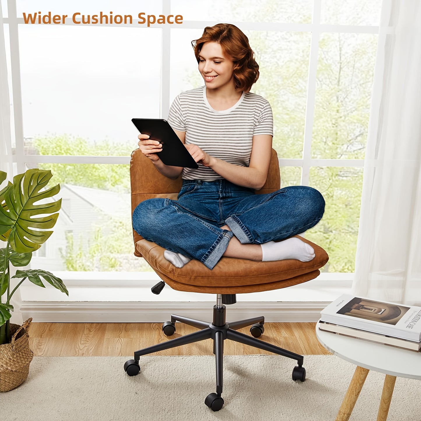 Ergonomic Armless Office Desk Chair with Wheels - 360° Swivel Mid-Back Wide Seat, Brown, Solid Back Support & 5-Wheel Base for Home Office, Vanity, or Workspace - Durable Easy-Clean Design, No Power Needed, Office Chair, Van