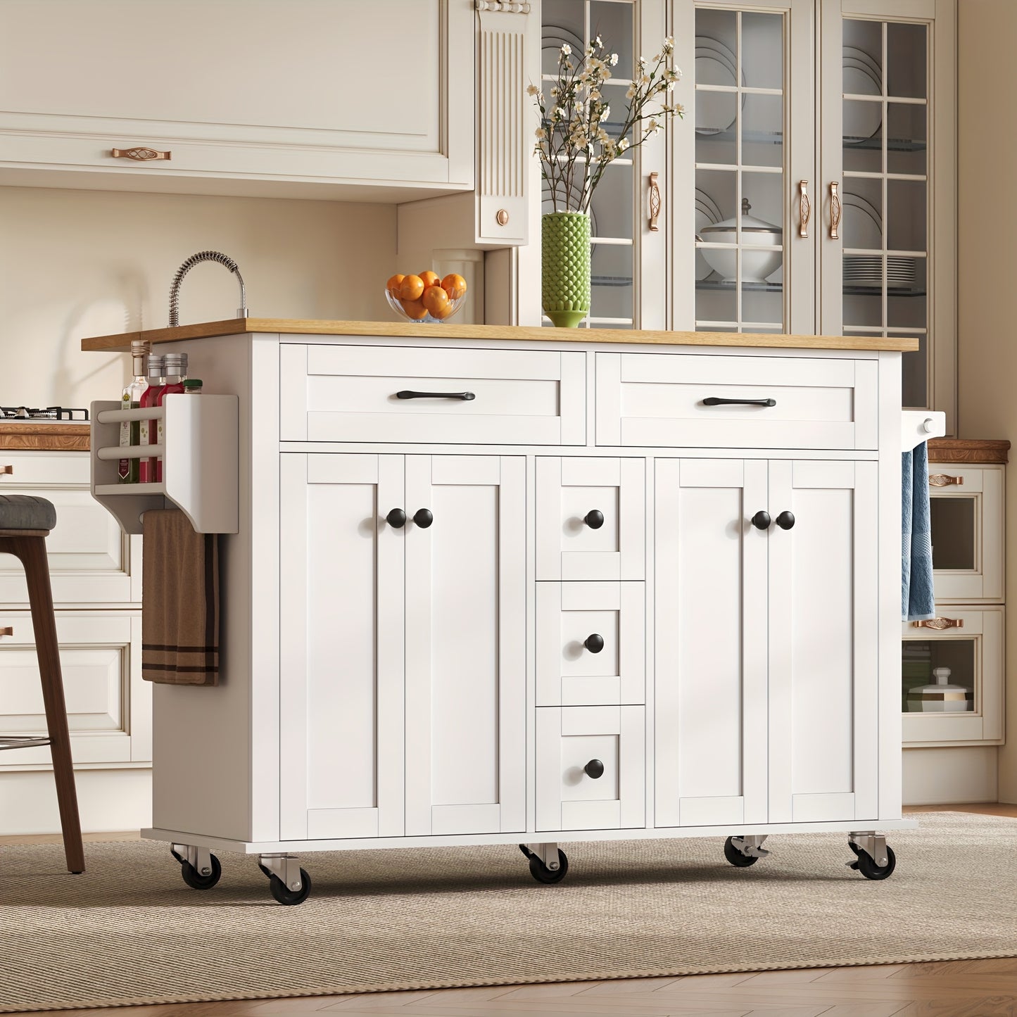 Multifunctional Kitchen Trolley with Folding Worktop, 120 X 65cm, Extendable, with 5 Drawers, Cupboards, Spice And Towel Racks, On Castors - Kitchen Island for Kitchen, Dining Room And Living Room, Storage Drawer Units
