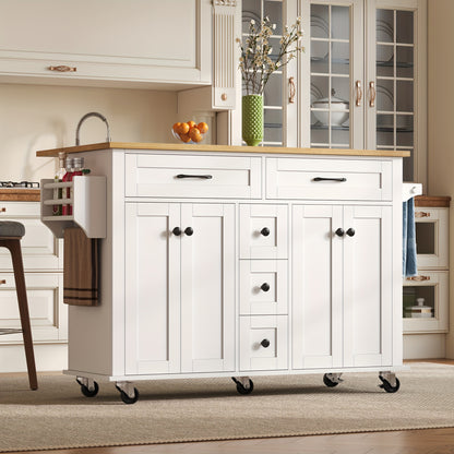 Multifunctional Kitchen Trolley with Folding Worktop, 120 X 65cm, Extendable, with 5 Drawers, Cupboards, Spice And Towel Racks, On Castors - Kitchen Island for Kitchen, Dining Room And Living Room, Storage Drawer Units