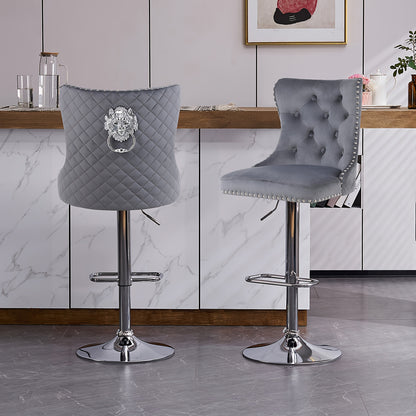 Barstoel – Barkruk – Barstoel Kruk – Barkrukken Set – Keukenstoel – Draaibaar – Verstelbare Zithoogte – Fluwelen Bekleding – Leeuwenkop Trekring
