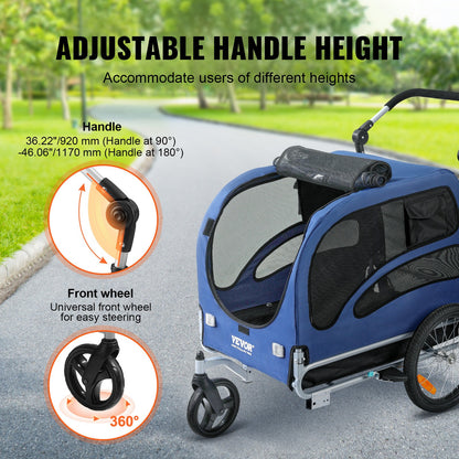 Hondenfietsaanhanger – Hondenwagen – Fietsaanhanger – Wandelwagen – Hondenkar – 2-in-1 Fiets- en Wandelwagen – Max. Draaggewicht 45 kg – Verstelbare Handgreep 92-117 cm