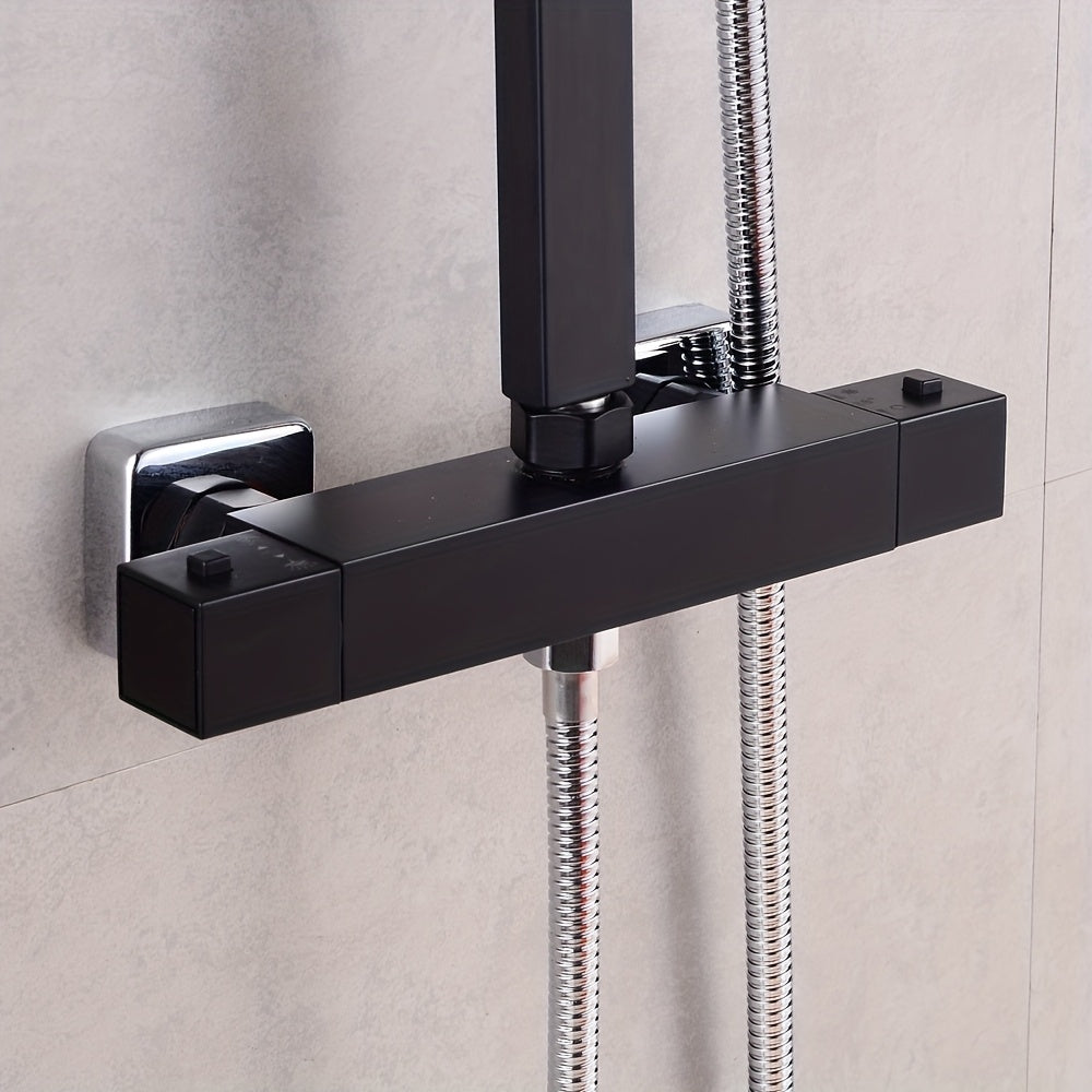 TOOL1SHOOO Luxury Modern Black Square Shower System with Thermostat Control - 10-inch Large Rain Shower Head & Handheld Shower, Construction, Adjustable Height (80-120cm) Rainfall & Handheld Shower Set with Valve, Thermostat