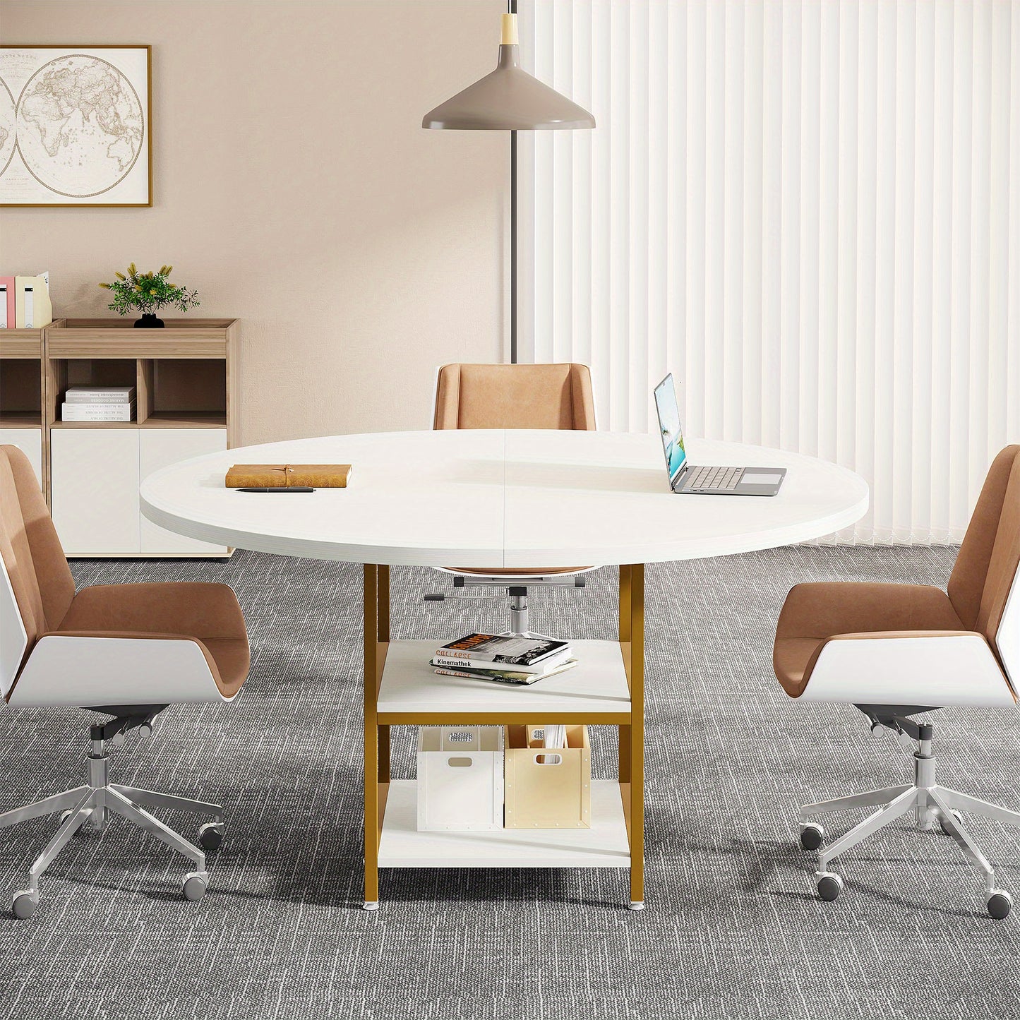 Eettafel – Ronde Tafel – Keukentafel – Eetkamertafel – Tafel – 4 Personen – 2 Opbergplanken – Gouden Metalen Poot – Wit MDF – Hittebestendig Blad – Verstelbare Voetjes
