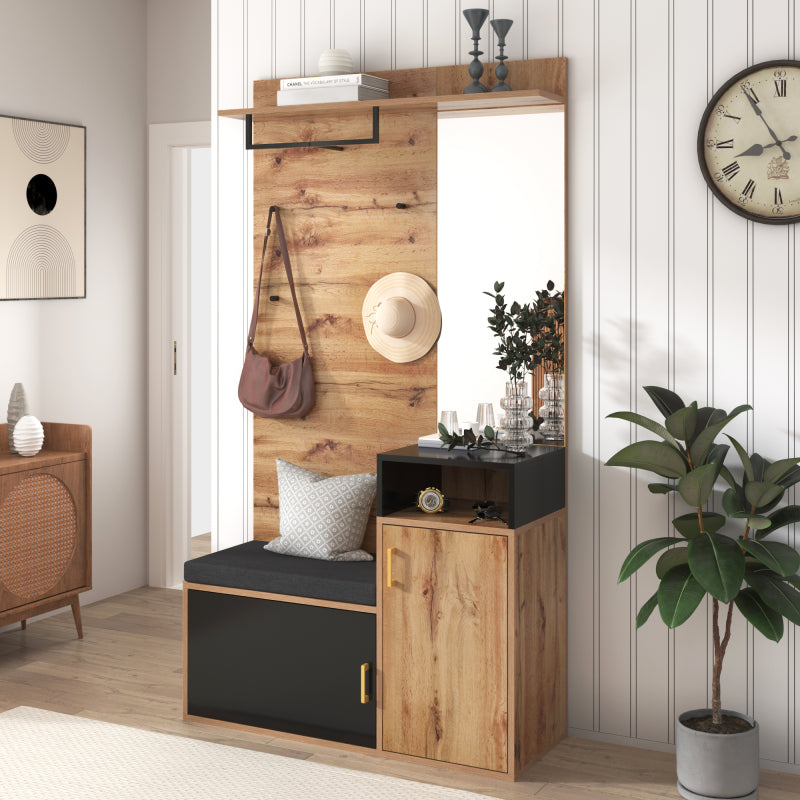 Wandgarderobe – Halmeubel – Schoenenkast – Kapstok – Opbergkast – Zwart MDF Met Houtaccenten – Spiegel – Schoenenbank – Ruimtebesparend Design – 191,5x105x40 cm