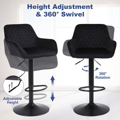 Barkrukken – Barstoelen – Krukken – Barkruk Set – Barkrukken Met Rugleuning – Verstelbare Hoogte – 360° Draaibaar – Swan Velvet – Met Armleuningen – Zwart Grijs Donkerbruin – Set Van 4 – Draagvermogen 150kg