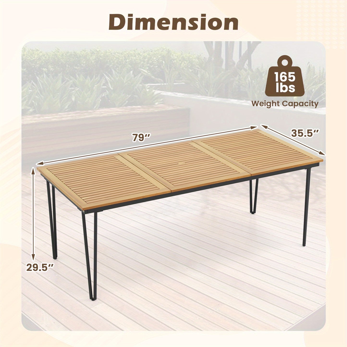 Tuinset – Tuinmeubel – Diningset – Bistroset – Loungeset – 8-Persoons Rechthoekige Tuintafel – Acaciahouten Tafelblad – Robuust Metalen Onderstel – Inclusief Parasolgat – Weerbestendig & Duurzaam