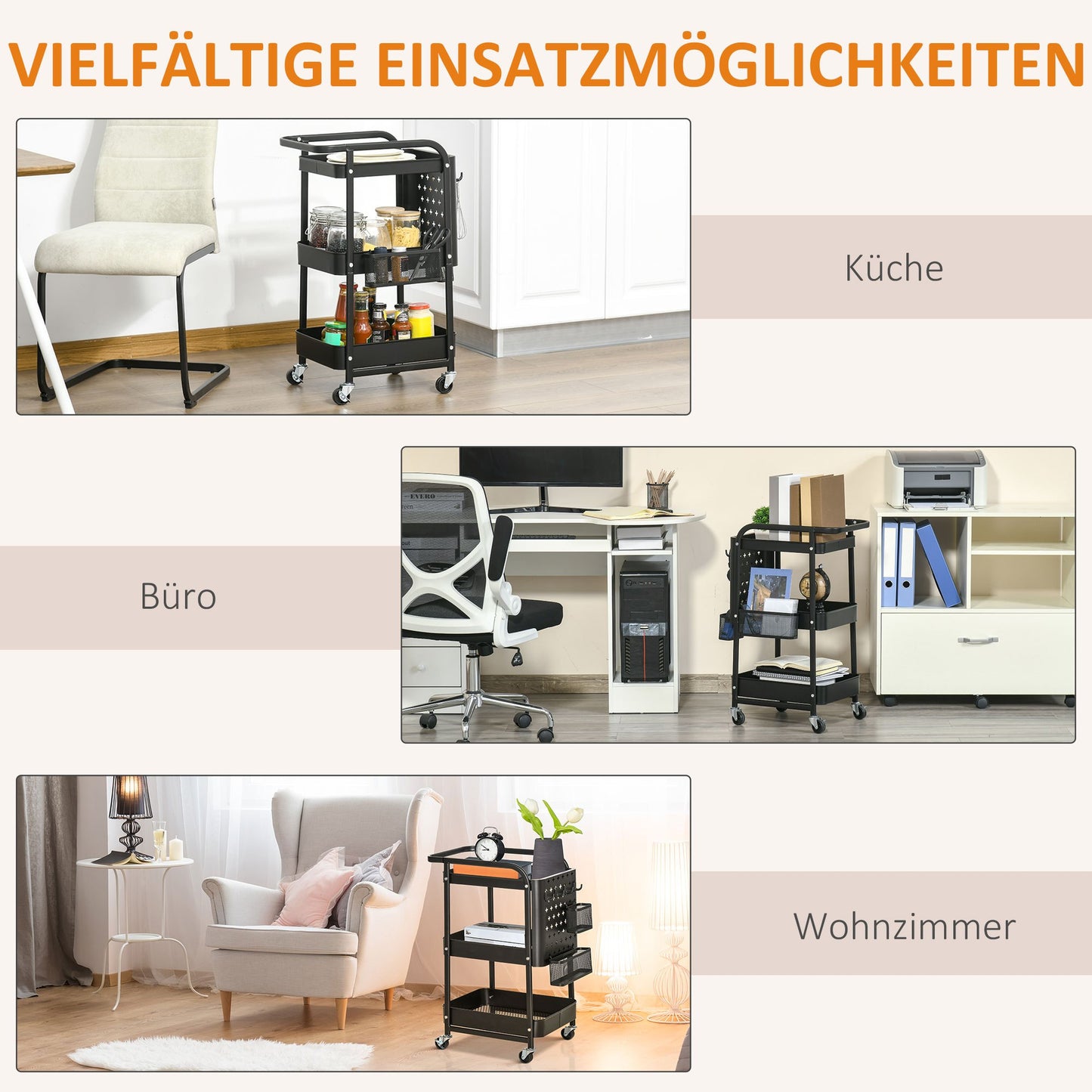 Keukentrolley – Keukenwagen – Serveerwagen – Opbergtrolley – Rolwagen – Met Handdoekhouder – 3 Ruime Mandjes – Stalen Frame Zwart