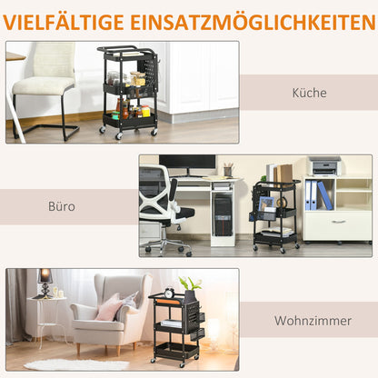Keukentrolley – Keukenwagen – Serveerwagen – Opbergtrolley – Rolwagen – Met Handdoekhouder – 3 Ruime Mandjes – Stalen Frame Zwart