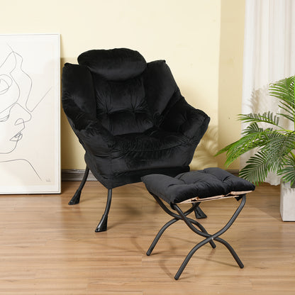 Loungestoel – Relaxstoel – Fauteuil – Zitstoel – Ottoman – Zwarte Metalen Frame – Comfortabele Polyester Bekleding