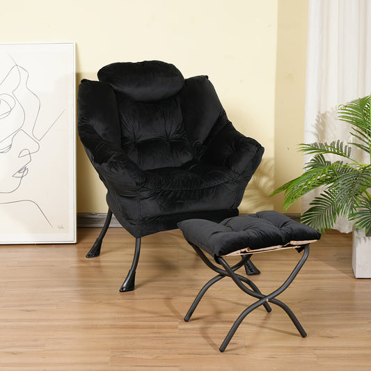 Loungestoel – Relaxstoel – Fauteuil – Zitstoel – Ottoman – Zwarte Metalen Frame – Comfortabele Polyester Bekleding