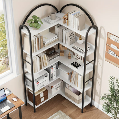 Boekenkast – Boekenplank – Wandrek – Kasten – Opbergkast – Extra Hoge 5-Lagen L-Vormige Boekenplank – Industrieel Metaal & MDF – 173,99 cm Hoog – Zwarte Hoekschilf Unit