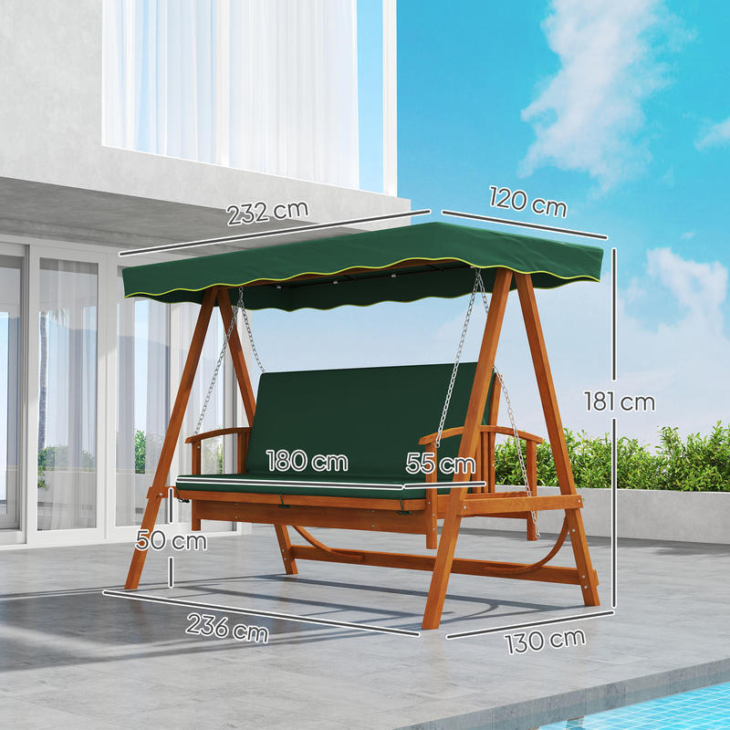 Hollywood swing with sunroof, real wood garden swing, swing bench with reclining function, for 3 people, dark green,  Stylish Seating, Classic Design, Weatherresistant Material, Durable Metal Frame, Threeseater Swing, Sun Can