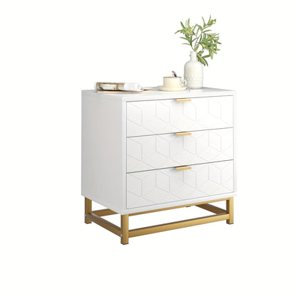 Nachtkastje – Bijzettafel – Nachtkast – Bedkastje – Ladekastje – 4 Lades – Ruimtebesparend Design – Hout en MDF – Goudkleurige Metalen Poten – Geometrisch Patroon – 60x40x64 cm