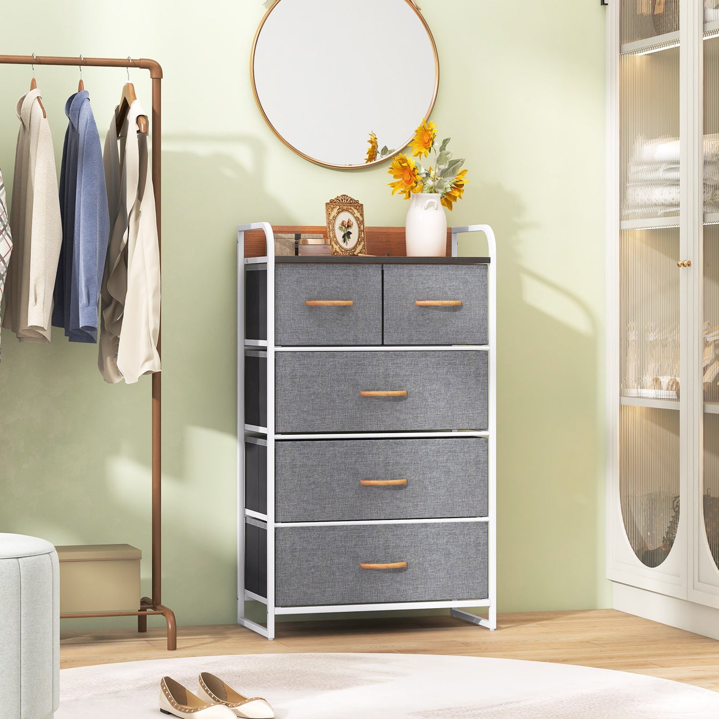 Wascommode – Opbergkast – Ladenkast – Commode – Kast Met Lades – 5 Ruime Stoffen Lades – Robuuste MDF Bovenplaat – Verstelbare Pootjes