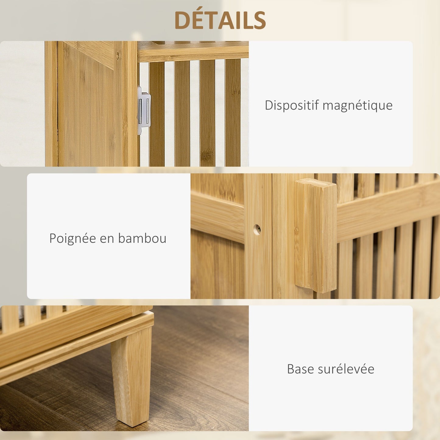 Bamboekast – Opbergkast – Badkamerkast – Boekenkast – Ladekast – Natuurmateriaal Bamboe – 4 Niveaus Met Latten Deuren – Compact 40x30x140 cm
