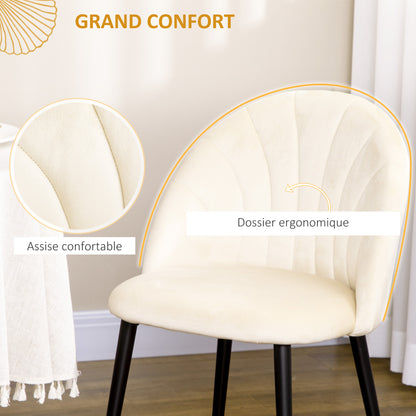 Fauteuil – Stoel – Eetkamerstoel – Loungestoel – Velvetstoel – Set van 2 – Crèmekleurig fluweel – Zwarte metalen poten – 52x54x79 cm