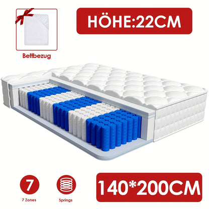Carroltt Mattress 90x200/140x200cm, Pocket Spring Mattress 7-zone, Height 22cm/25cm, (breathable), Spring Mattress with Fitted Sheet, Mattress for Adults