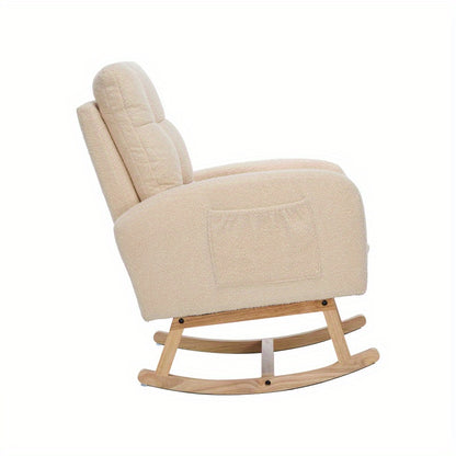 Schommelstoel – Relaxstoel – Fauteuil – Voedingsstoel – Loungestoel – Teddy Stof Bekleding – Stevig Houten Frame – 132x50x99 cm – Beige