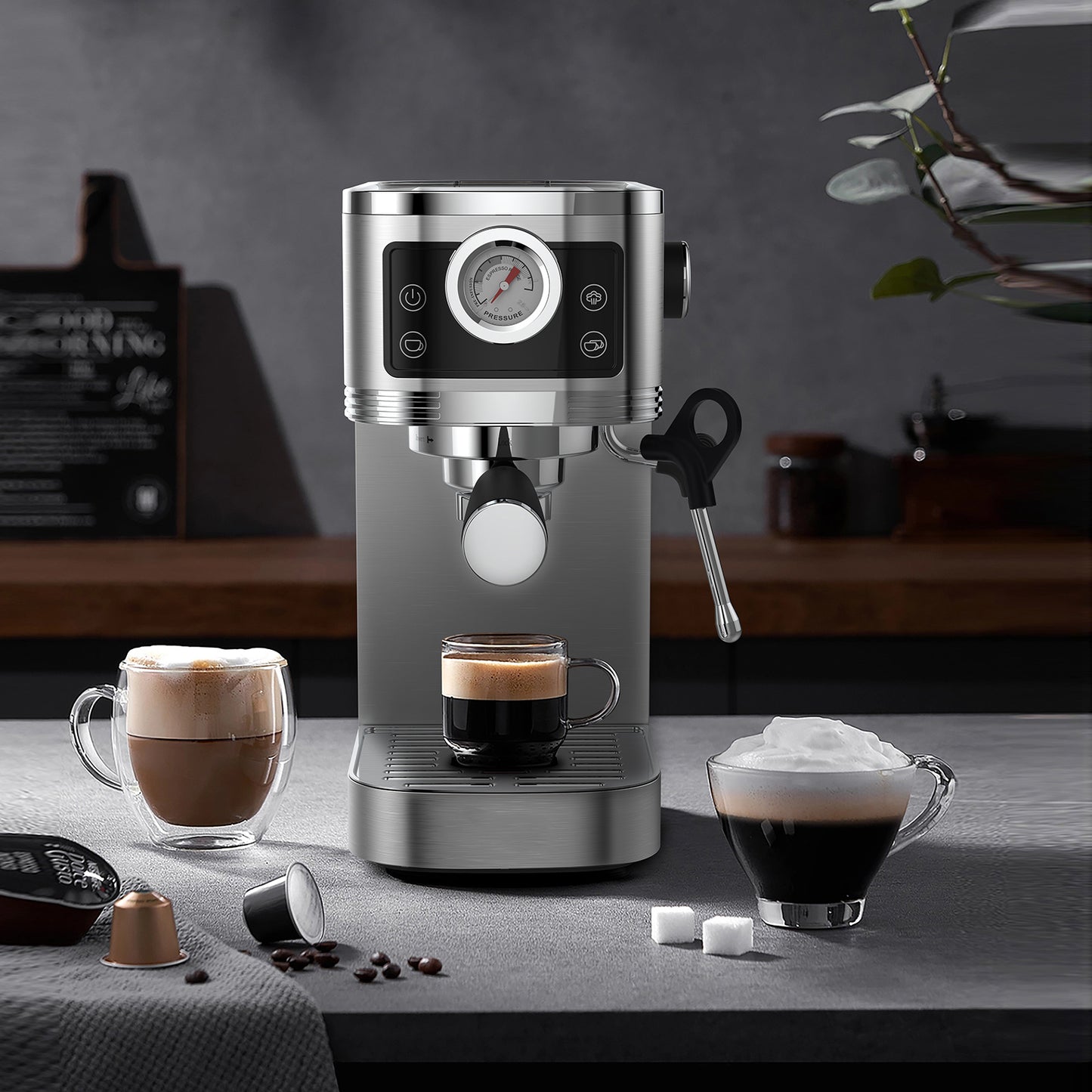 Espressomachine – Koffiezetapparaat – Koffiemachine – Halfautomaat – Compacte Espressoapparaat – 20 Bar Pomp – Roestvrijstalen Melkschuimer – 1350W Vermogen – 1,3L Waterreservoir