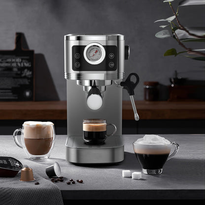 Espressomachine – Koffiezetapparaat – Koffiemachine – Halfautomaat – Compacte Espressoapparaat – 20 Bar Pomp – Roestvrijstalen Melkschuimer – 1350W Vermogen – 1,3L Waterreservoir