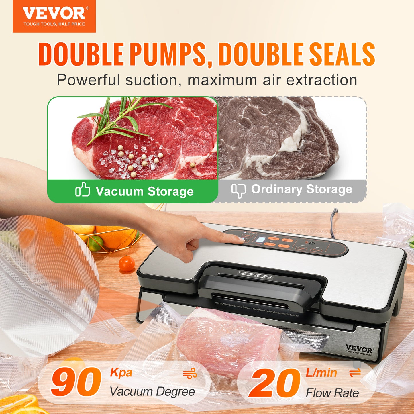 Vacuümzakmachine – Vacuümsealer – Vacumeermachine – Sealapparaat – Foodsaver – 130W Krachtige Dubbele Vacuümpomp – Ingebouwde Snijder en Zakrollenhouder