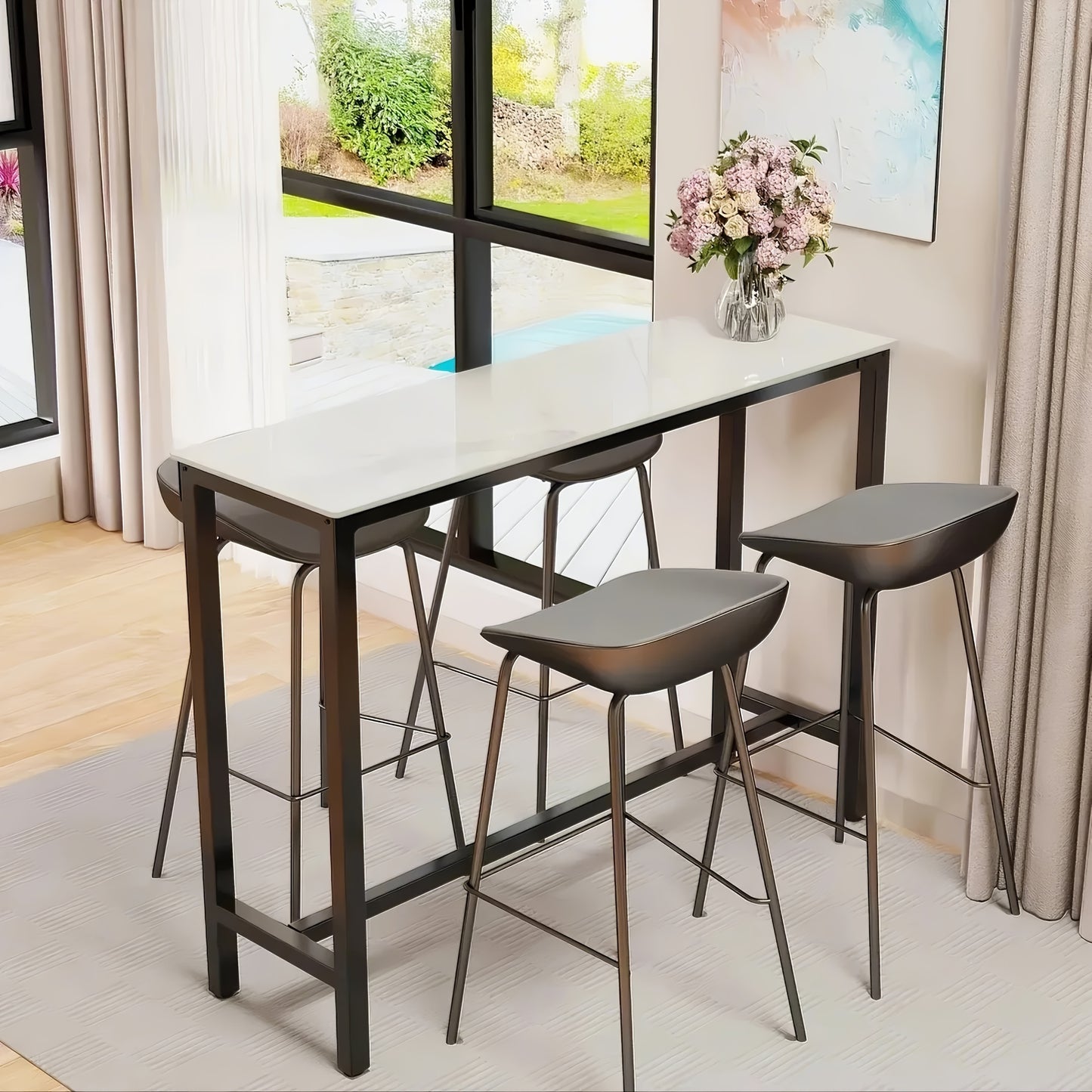 Barkruk – Bar Tafel – Bistro Tafel – Keukentafel – Tafeltje – Keramisch Marmer – Zwart Metalen Frame – Rechthoekig – 120x40x105 cm