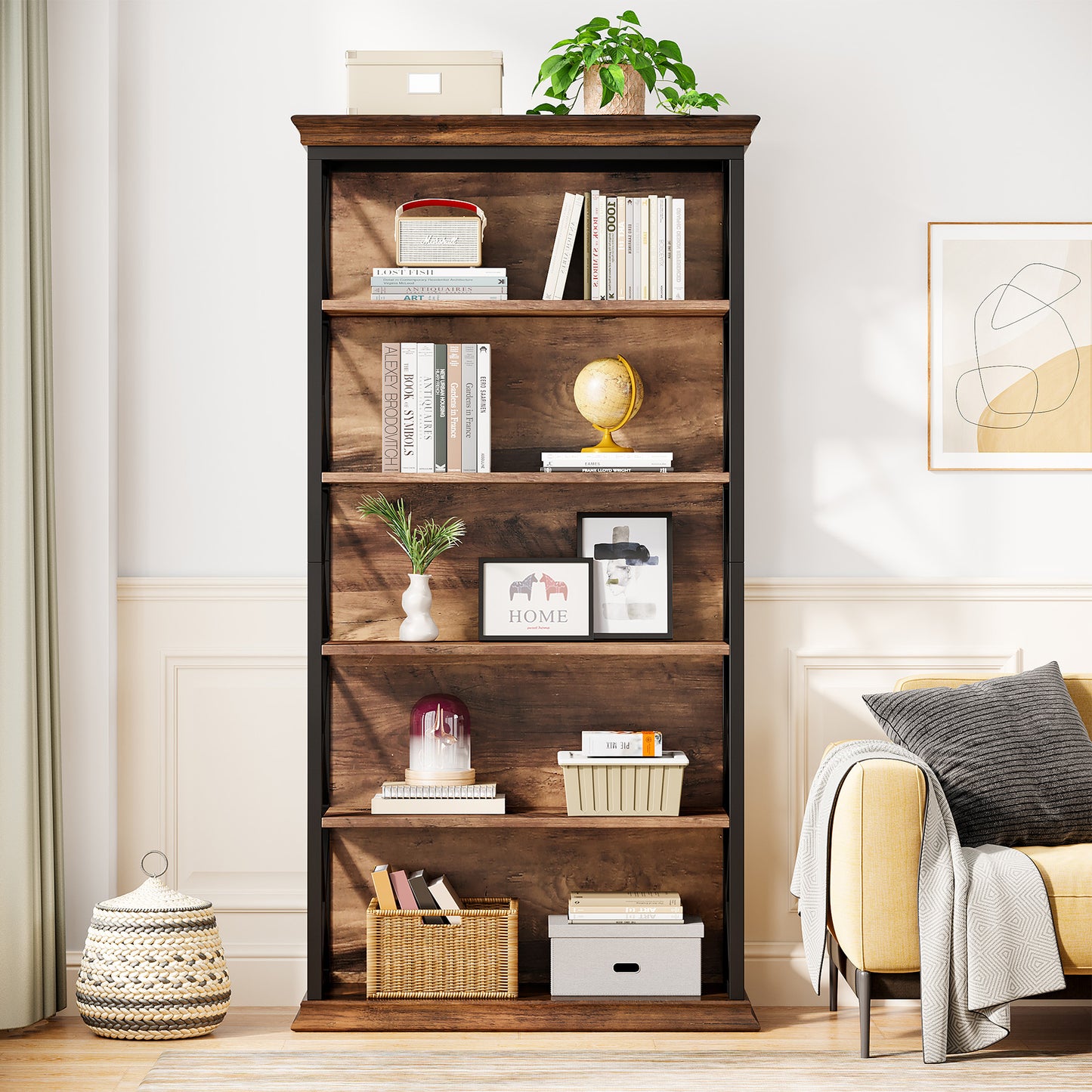 6-story bookshelf, 180cm high industrial bookshelf, floor standing 6-storey display rack and storage rack, suitable for large capacity storage racks in home offices, living rooms, study rooms, and bedrooms, available in brown