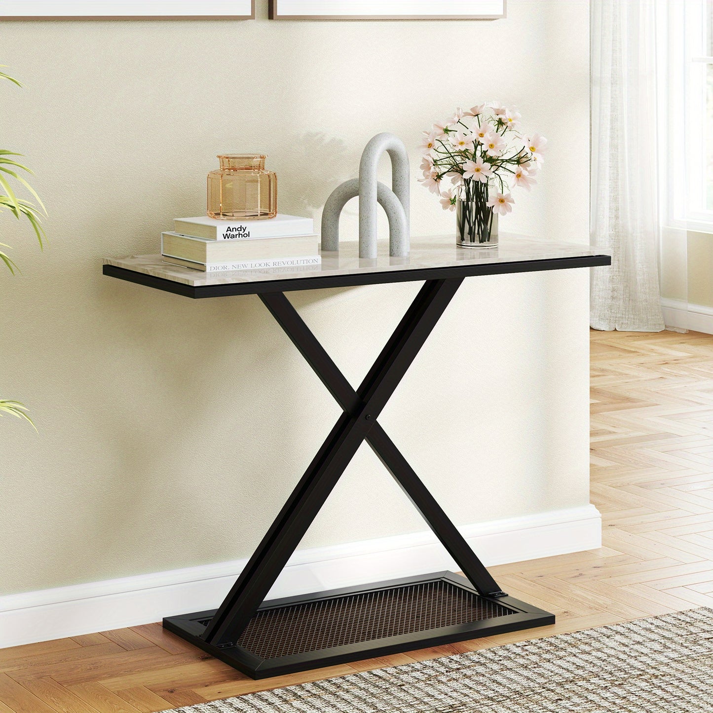 Sidetable – Consoletafel – Haltafel – Wandtafel – Bijzettafel – Kunstmarmeren Blad – Metalen Frame – Verstelbare Voetpaden – Anti-Kantelbeveiliging