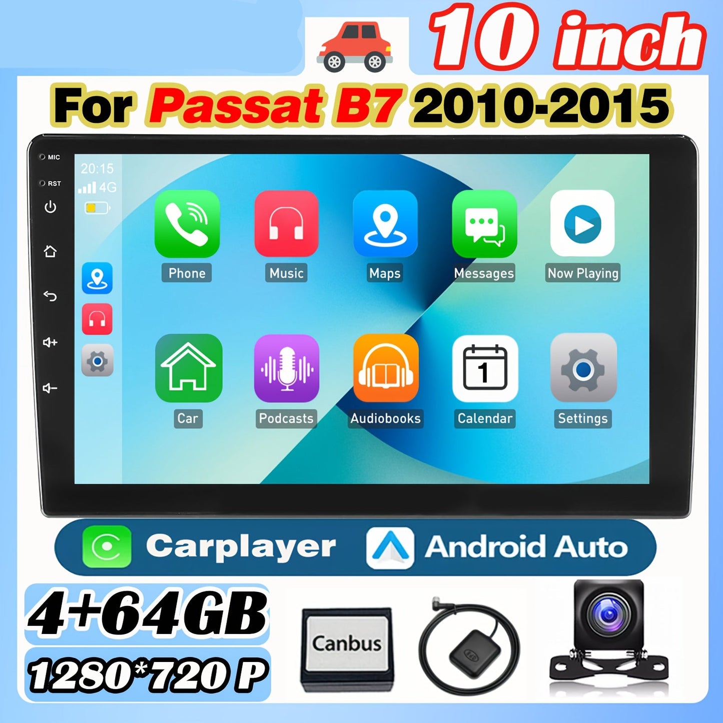 Autoradio – Android Multimediaspeler – Double Din Radio – Auto Stereo – Touchscreen Multimedia Speler – 10 Inch IPS Scherm – AHD Achteruitrijcamera & Draadloze CarPlay