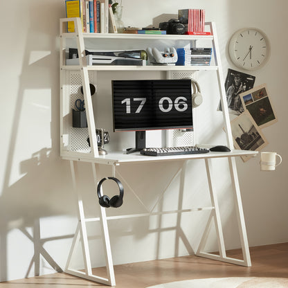 Gaming Bureau – Computer Bureau – Werkplek Bureau – Gaming Tafel – Wit – Compact 100x55 cm – Carbon Fiber Oppervlak – Hoge Plank Met Bekerhouder En Headphone Haak