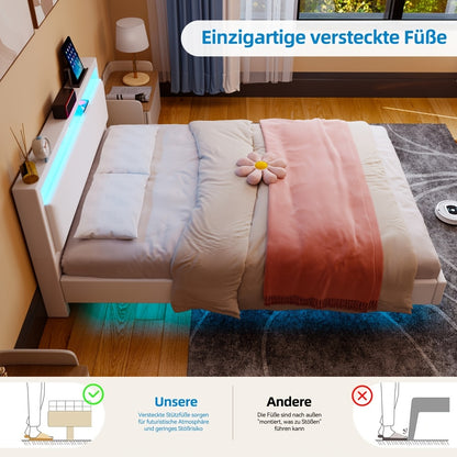 Zwevend Bedframe – Modern Bed – Platformbed – Slaapkamerbed – Gestoffeerd Bed – 140x200 cm – LED-Verlichting – Geluidloze Lattenbodem