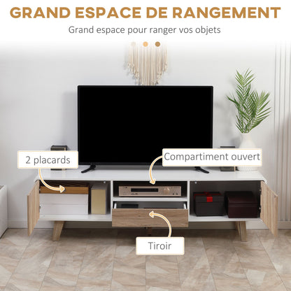 Tv-meubel – TV-kast – Tv-standaard – Tv-dressoir – Lowboard – Scandinavisch design – MDF wit met licht eiken – 2 deuren en lade