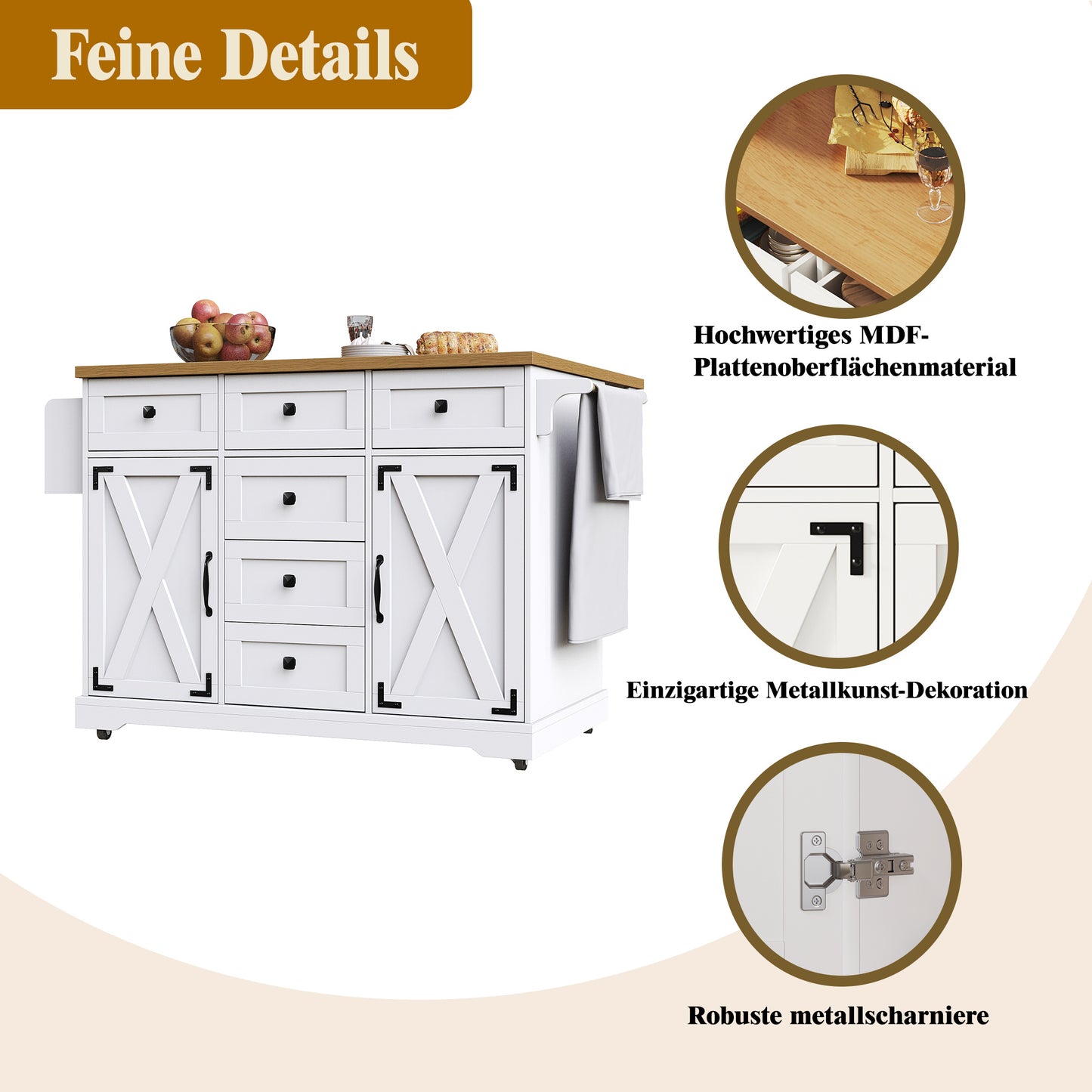 Multifunctionele Keukentrolley – Serveerwagen – Werkblad – Opbergwagen – Trolley Wit – Klapbaar Tafelblad – Ruime Opbergruimte Met Wieltjes