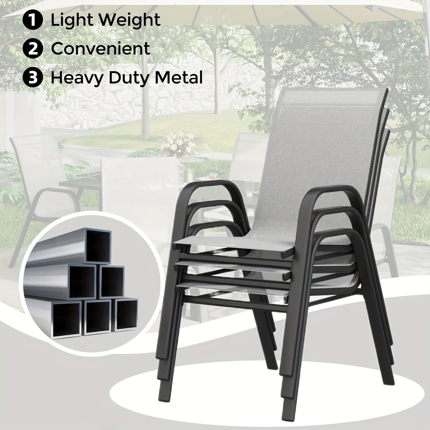 Stapelbare Tuinstoelen – Tuinstoelen – Buiteneetkamerstoelen – Terrasstoelen – Balkonstoelen – Ergonomische High-Back – Duurzaam Metalen Frame – Set Van 4 – Zwart – Gevoerde Zitkussens – Weerbestendig & Makkelijk Schoon Te Maken