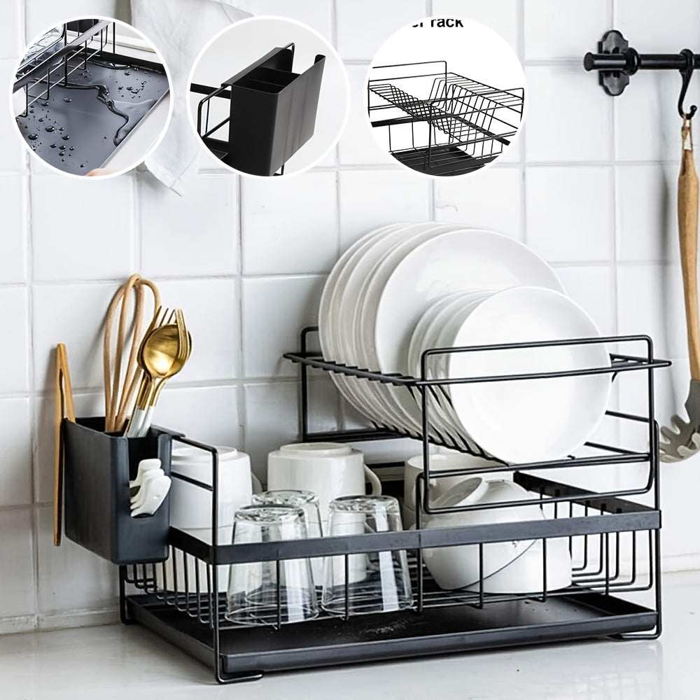 2-laags Afdroogrek voor de Keuken – Ruimtebesparend Rek met Gescheiden Compartimenten voor Borden, Kommen en Bestek – Vrijstaand en Efficiënt Afwateringssysteem