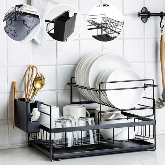 2-laags Afdroogrek voor de Keuken – Ruimtebesparend Rek met Gescheiden Compartimenten voor Borden, Kommen en Bestek – Vrijstaand en Efficiënt Afwateringssysteem