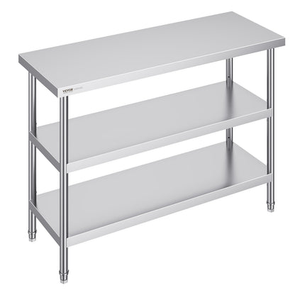 RVS Werktafel – Roestvrijstalen Werkbank – Keukentafel – Werkblad – Prep Tafel – Zilver – 3 Niveaus Met Verstelbare Planken – 0,8 mm Dikte Roestvrij Staal