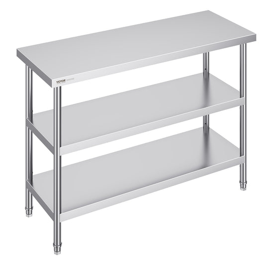 RVS Werktafel – Roestvrijstalen Werkbank – Keukentafel – Werkblad – Prep Tafel – Zilver – 3 Niveaus Met Verstelbare Planken – 0,8 mm Dikte Roestvrij Staal