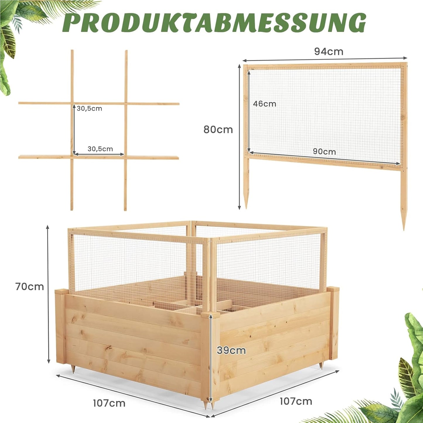 Houten Hoogtebak – Verhoogde Plantbak – Tuinbak Met Omheining – Plantenbak Voor Kruiden – Groentebak – 107x107x70 cm – 9 Plantvakken – Weerbestendig Natuurlijk Hout