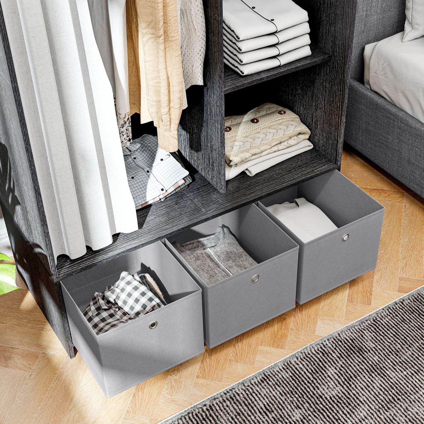 Kledingkast – Kast – Garderobekast – Kledingopslag – Slaapkamerkast – Met Gordijn – 117,5 cm Kledingroede – 3 Uitneembare Stoffen Lades – Zwarte Houtlook – 105x48x160 cm