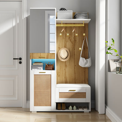 Kledingkast met Kaptafel – Garderobekast – Spiegelkast – Opbergkast – Schoenenkast – Wit – Bamboe Materiaal – 6 Gouden Kapstokken – Ruime Spiegel & Zithoek
